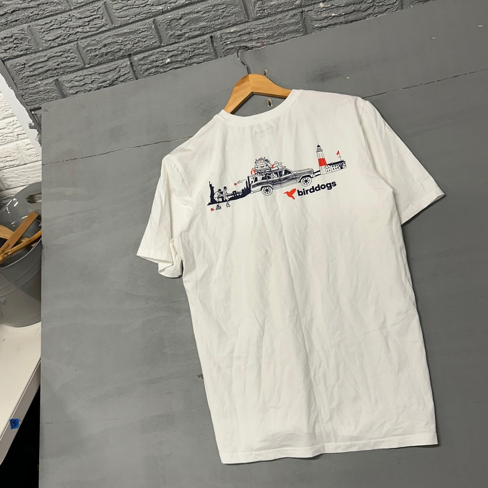 Birddogs Mens‎ Graphic T-Shirt White Road Trip Lighthouse Cotton Stretch Size L